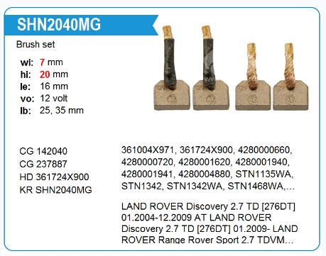 Щетки стартера/SHN2040MG = 142040 KRAUF